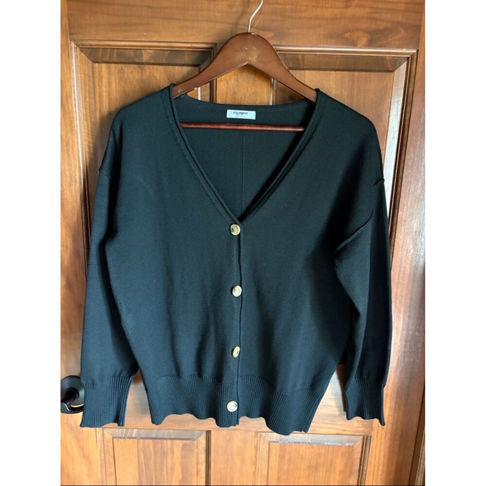 Zeagoo Black Oversized V-Neck Button-Front Sweater Women's Small